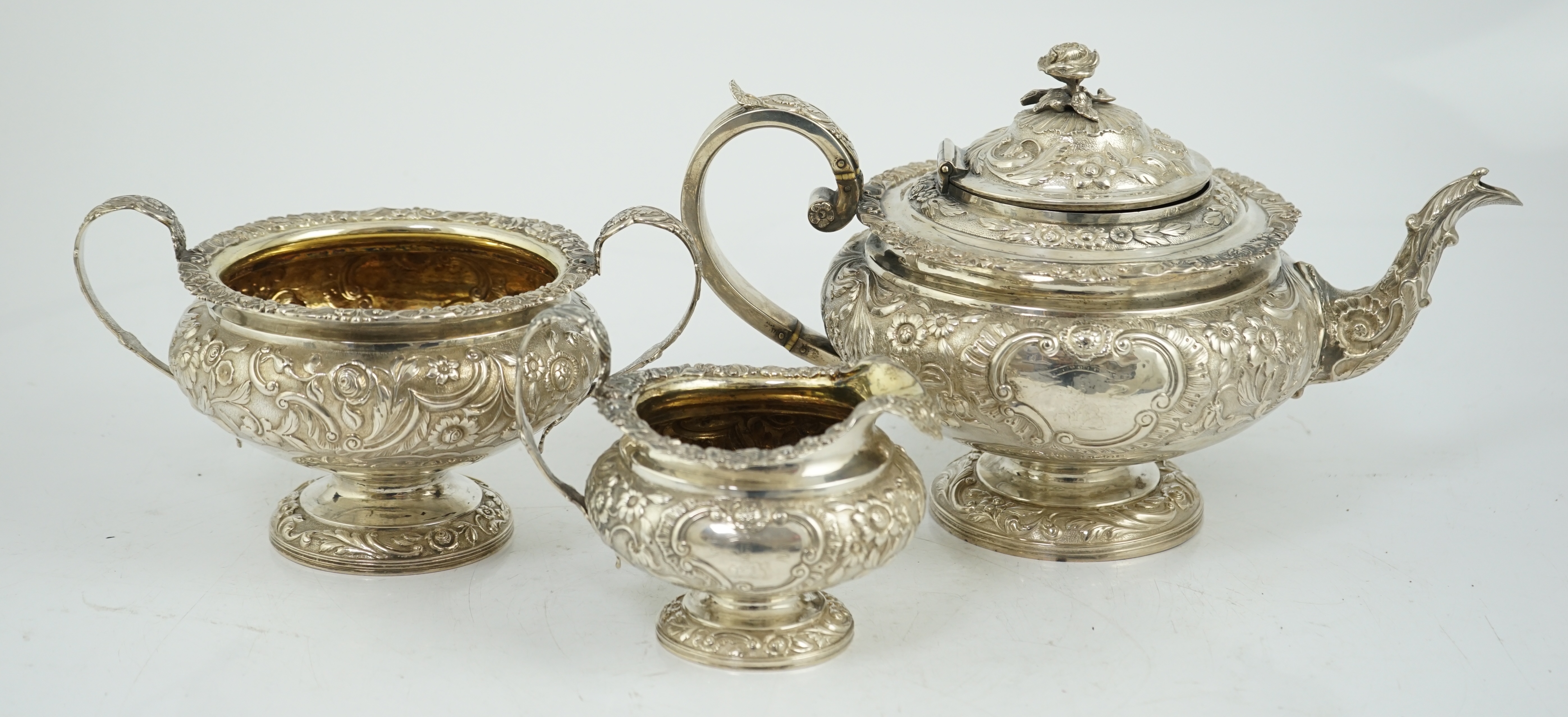 A George IV Scottish silver three piece pedestal tea set, by Peter Aitken I, CITES submission reference:T4BKA65U